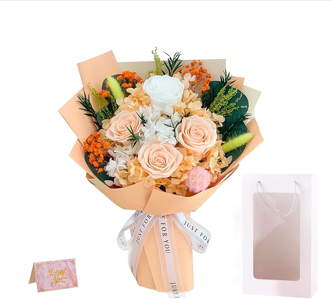 Flowers for Delivery,Preserved Flowers Bouquets – 4 Eternal Champagne Roses that Last 2-3 Years,Mothers Day Gifts for Mom,Grandma, Wife, Forever Flowers for Birthday,Valentines,Anniversary,Home Decor
