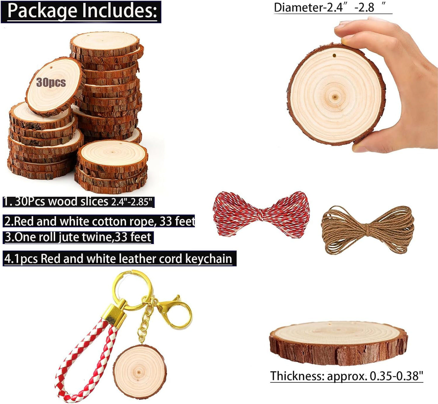 SENMUT Unfinished Wood Slices 30pcs 2.4"-2.85" Wood Circles for Crafts Predrilled Natural Wood Rounds Wooden Discs Christmas Wood Ornament for Crafts