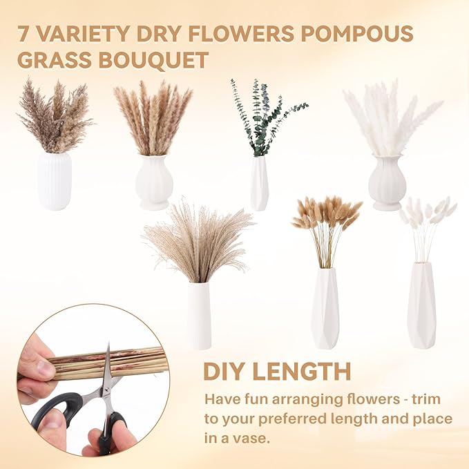 125Pcs Natural Dried Pampas Grass Decor 7 Types Dried Flowers for Vase Boho Pampas Bouquet, Farmhouse Decor Wedding Valentine Day Centerpiece for Table and Home Decoration 17''