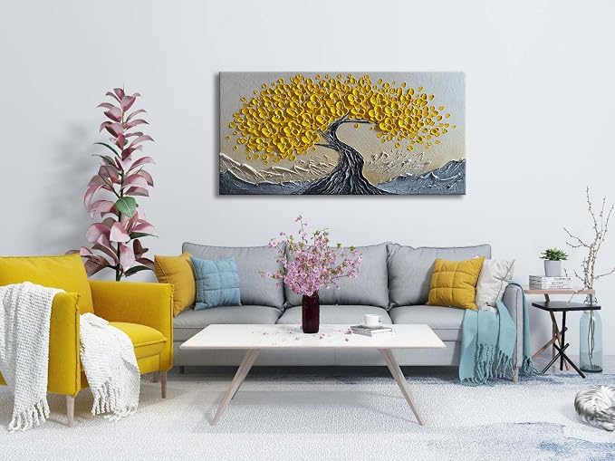 zoinart 3D Oil Paintings, 24"x48", Texture Yellow Tree Wall Art, Abstract Floral Painting Home Decorations Contemporary Art for Living Room Bedroom Office Kitchen Wall Decor