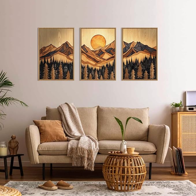 Boho Mountain Framed Canvas Wall Art Set, Vintage Pine Tree Wall Decor, Nature Forest Landscape Art Prints,Brown Woodcut Style Artwork for Living Room, Bedroom, Office-16''x24''x3