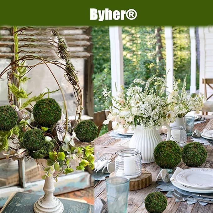 BYHER Moss Balls, 18 PCS Decorative Balls for Centerpiece Bowls - 6pcs 3.2" Natural Dried Balls+ 12pcs 2" Green Moss Balls Vase Bowl Filler (Set of 18)