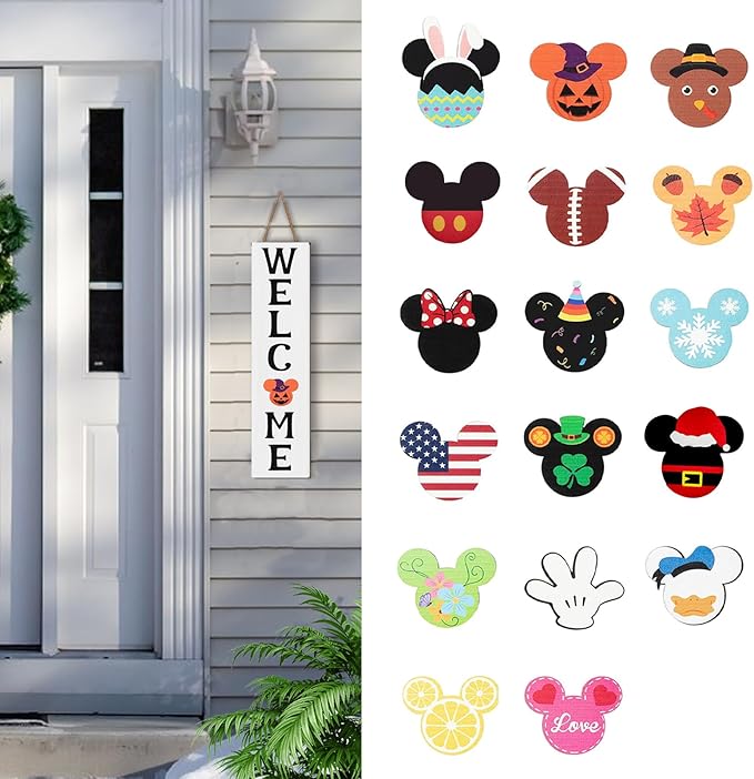 15.7'' Cute Mouse Seasonal Interchangeable Home Sign for Front Porch,18pcs Interchangeable Hanging Vertical Welcome Door Sign for Farmhouse/Wall/Porch Decor and Housewarming Gift