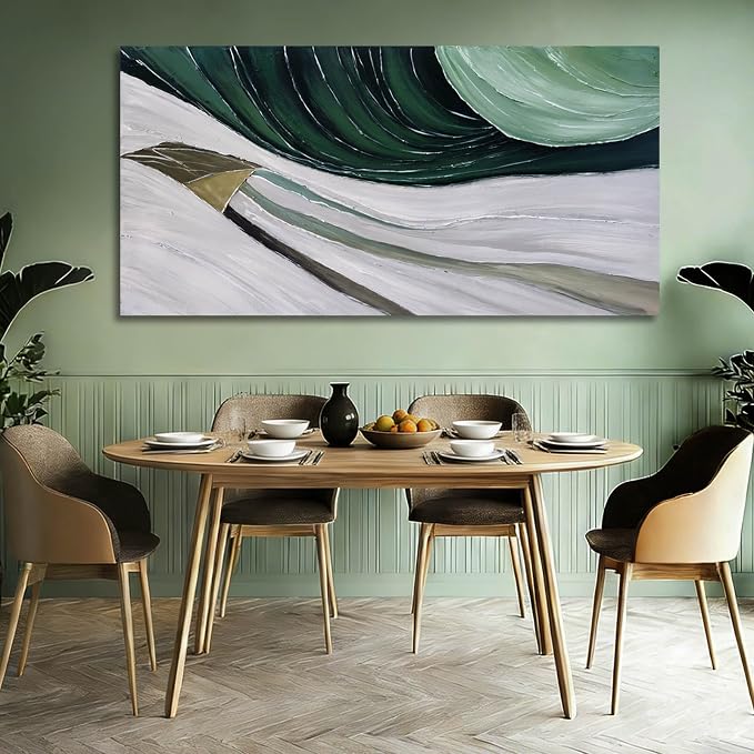 MLART99 Large Abstract Wave Painting Green and White Modern Canvas Wall Art Painted Line Texture for Bedroom Living Room Home Decor 29x58 Inch