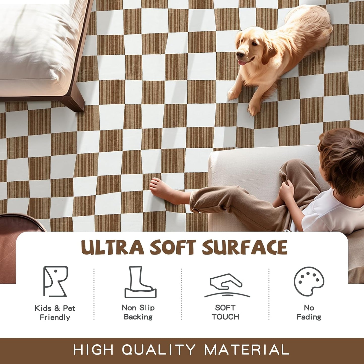 jinchan 8x10 Brown Checkered Area Rugs for Kids Room - Machine Washable Rug Modern Neutral Geometric Lattice Soft Non-Slip Carpet for Nursery Playroom Classroom Living Room Bedroom Dining Room