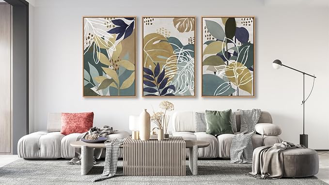 Large Botanical Wall Art for Living Room Natural Wood Float Framed Art Set of 3 Tropical Plant Pictures Boho Artwork Green Brown Leaf Canvas Prints for Bedroom Kitchen Home Office Wall Decor 32"X48"X3