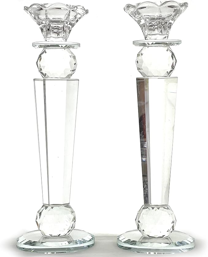 Allgala Set of 2 Crystal Glass Made Reverse Tapered Pillar and Hand Crafted Ball Candlesticks-10-HD89152