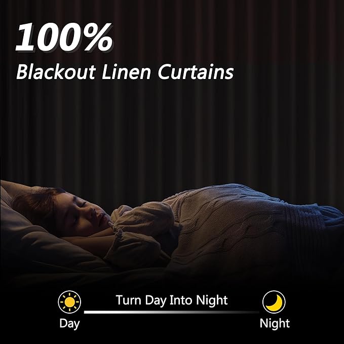 Guken 100% Blackout Linen Curtains 90 Inch Length 2 Panels Set for Living Room Bedroom Back Tab Thermal Insulated Black Out Drapes Room Darkening Farmhouse Style for Bedroom Window Curtains 52x90