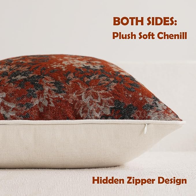 DEZENE Pack of 2 Vintage Floral Throw Pillow Covers 16x16 Boho Farmhouse Accents Chenille Square Decorative Pillow Cases for Living Room Couch Bed Home Decor, Rust