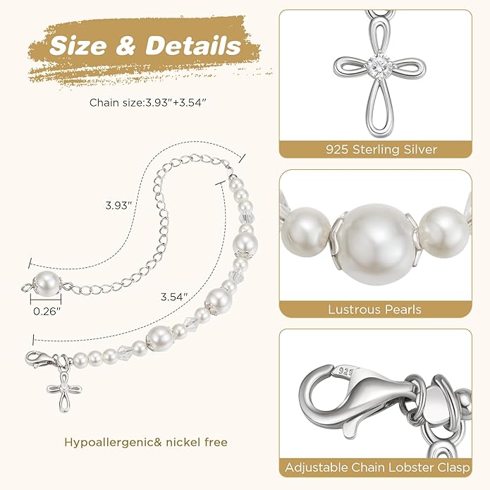 NORBU S925 Cross Bracelet for Girls, Sterling Silver Baby Baptism Cross Pearl Bracelet with Keepsake Box, Baptism Gifts for Girls, First Communion Baby Dedication Gifts for Newborn Catholic Easter Christening Gift