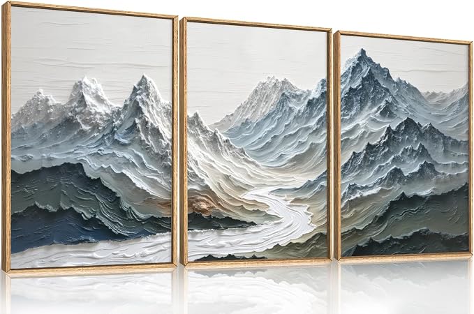 DRACIT Large Snow Mountain River Framed Canvas Wall Art Set,Modern Abstract Nature Landscape Wall Decor,Neutral Blue and White Ridge Scenery Artwork for Living Room,Bedroom,Office-16 x24 x3