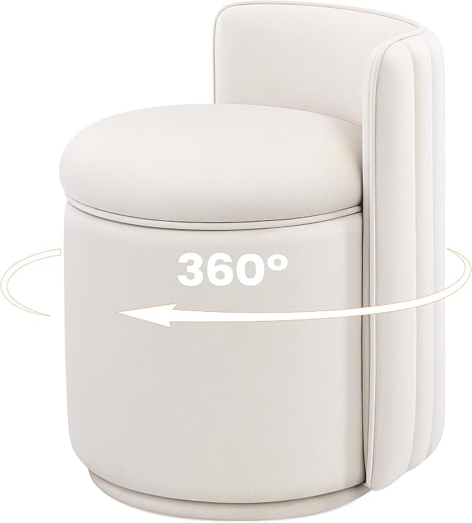 Vanity Chair with Storage, 360° Swivel Velvet Makeup Stool with Wave Backrest, Modern Round Upholstered Closet Stool, No Assembly for Bedroom, Dressing Room & Living Room, White