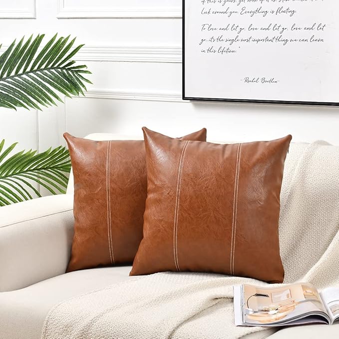 Fancy Homi Hand Stitched Brown Faux Leather Decorative Throw Pillow Covers 18x18 Inch for Living Room Couch Bed Sofa, Accent Square Cushion Case 45x45 cm, Rustic Modern Farmhouse Boho Home Decor