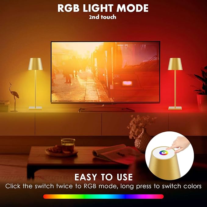 2-Pack LED Cordless Table Lamp with RGB & Stepless Dimming, 5000mAh Rechargeable Desk Lamps Battery Operated Table Light Stepless Dimmable Portable Table Lamp for Table/Bedroom/Outdoor (Gold)