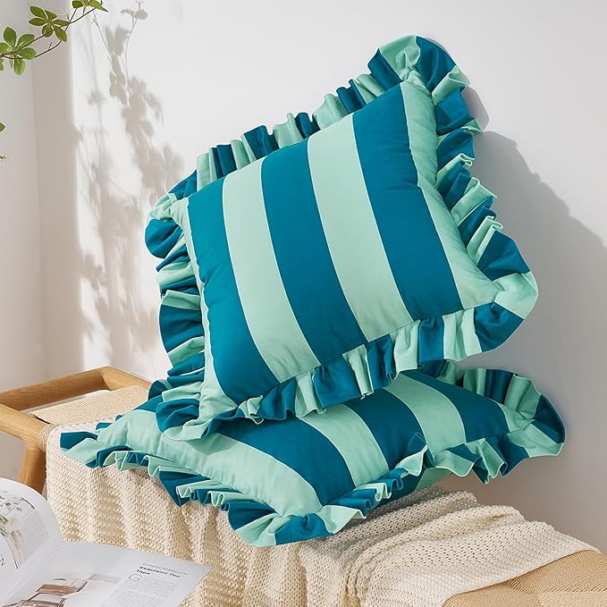 MONDAY MOOSE Decorative Throw Pillow Covers, Set of 2 Water-Resistant Striped Design with Ruffle Edge for Outdoor/Indoor Use, Pillow Inserts Not Included (20x20 inch, Blue/Light Blue)