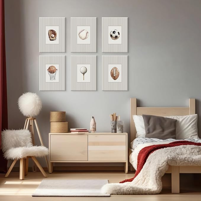 Sports Wall Art Decor Toddler Boys Room Canvas Prints Vintage Sports Nursery Wall Decor Baby Kids Poster Football Baseball Pictures Basketball Artwork for Children Bedroom 12x16x6 Inch Ready to Hang