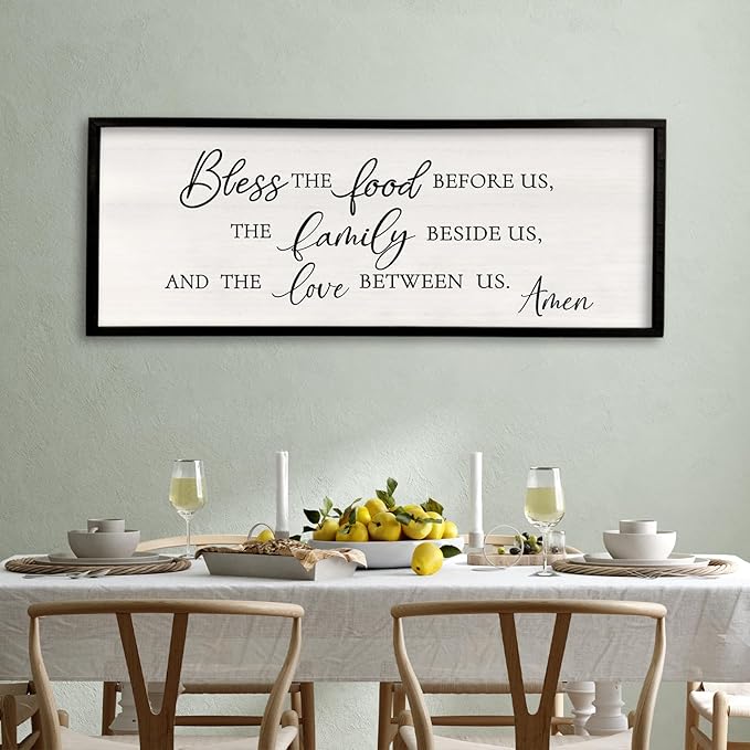 Surfapans Bless the Food Before Us Wall Decor, 32"X12" Farmhouse Dining Room Family Kitchen Sign, Christian Bible Verse Scripture Vintage Home Framed Wood Wall Art (Black)