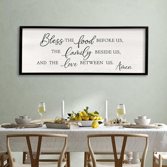 Surfapans Bless the Food Before Us Wall Decor, 32"X12" Farmhouse Dining Room Family Kitchen Sign, Christian Bible Verse Scripture Vintage Home Framed Wood Wall Art (Black)
