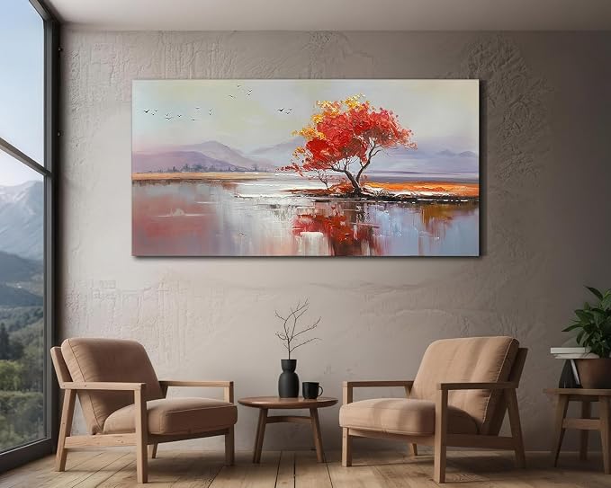 Arjun Landscape Canvas Wall Art Textured Extra Large 58"x29"- Red Tree & Lake Reflection Painting, Soft Toned Nature Prints Picture Framed Artwork for Living Room Bedroom Home Office Wall Decor