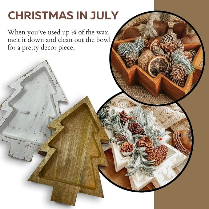 Dough Bowl Candle Co. Christmas Tree Shaped Candle - 14x10x2 6 Wick Brown Large Wooden Bowls for Decor, Mistletoe, Pine, Fir, Cedarwood Scented Decorative Wood Bread Bowl, Rustic Vegan Holiday Gift
