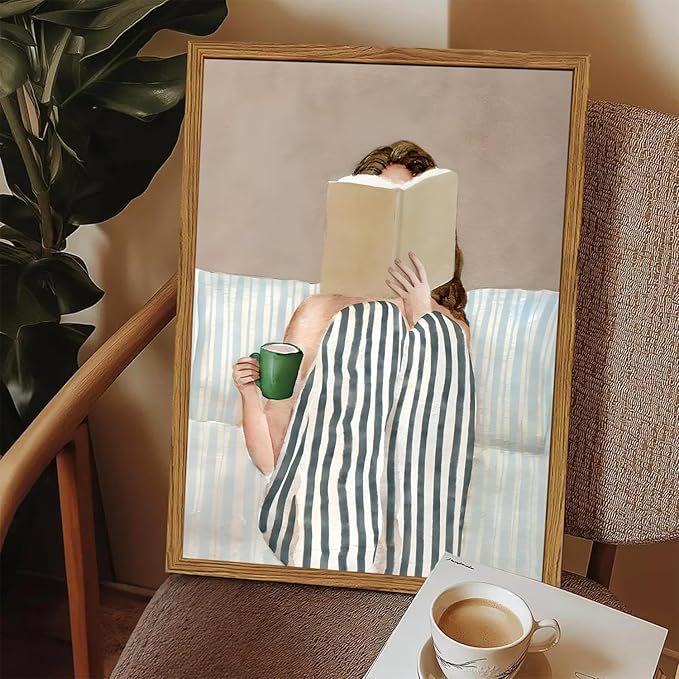 Framed Trendy Preppy Canvas Wall Art, Woman Reading Book with Coffee Pictures Wall Decor Paintings, Blue and White Striped Prints Girly Home Decor for Living Room Bedroom Dorm 12x16 inch