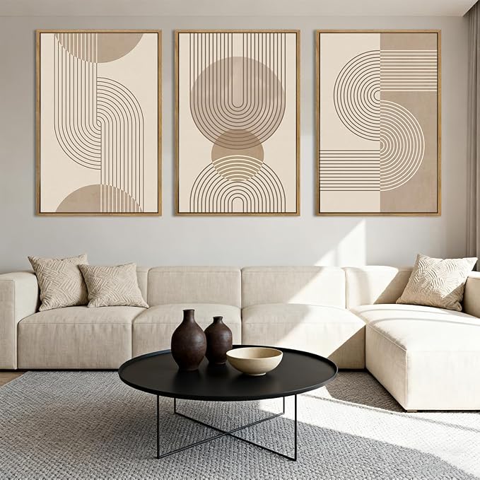 Anyzal Large Neutral Boho Beige Framed Wall Art 16x24 Inch Abstract Modern Canvas Wall Decor Minimalist Geometric Artwork for Living Room Bedroom Dining room Set of 3