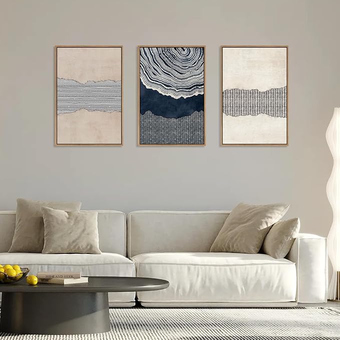 LHIUEM Large Abstract Navy Blue Beige Framed Canvas Wall Art,Modern Tree Rings Shapes Wall Decor,Neutral Retro Wooden Artwork for Living Room,Bedroom,Dining Room,Office -24"x36"x3