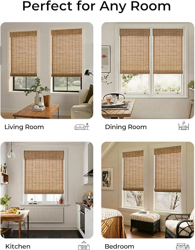 UNISHADES No Drill Cordless Bamboo Roman Shades, 25×64 in, Teak | Natural material, Light Filtering, Easy Install