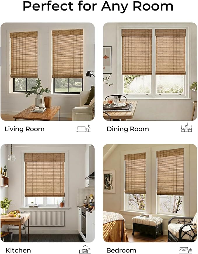 UNISHADES No Drill Cordless Bamboo Roman Shades, 22.5×64 in, Teak | Natural material, Light Filtering, Easy Install