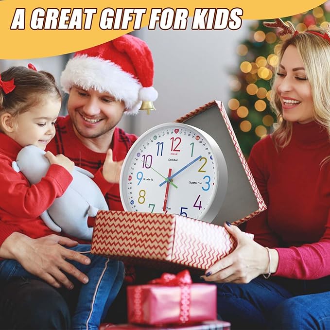 Learning Clock for Kids,10'' Silent Non-Ticking Teaching to Tell Time Colorful Wall Clocks for Children's Room Bedroom Classroom Home Decor, Gifts for Christmas Birthday (White)