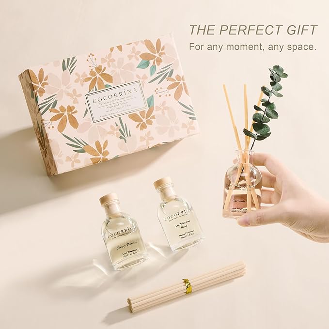 COCORRÍNA Eucalyptus Reed Diffuser Set of 3 - Sandalwood Rose, Cherry Blossom, Gardenia Scents, 1.7 fl oz Each, Total 5.1 oz, Scented Oil Diffusers for Home & Office
