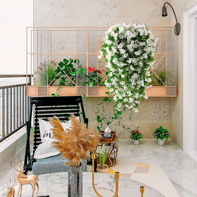 ZFProcess Artificial Fake Hanging Flowers Plants for Outdoor Spring Summer Decoration, 2PCS Faux Silk Violet UV Resistant Look Real Trailing Vines for Outside Home Planter Porch Patio(White)
