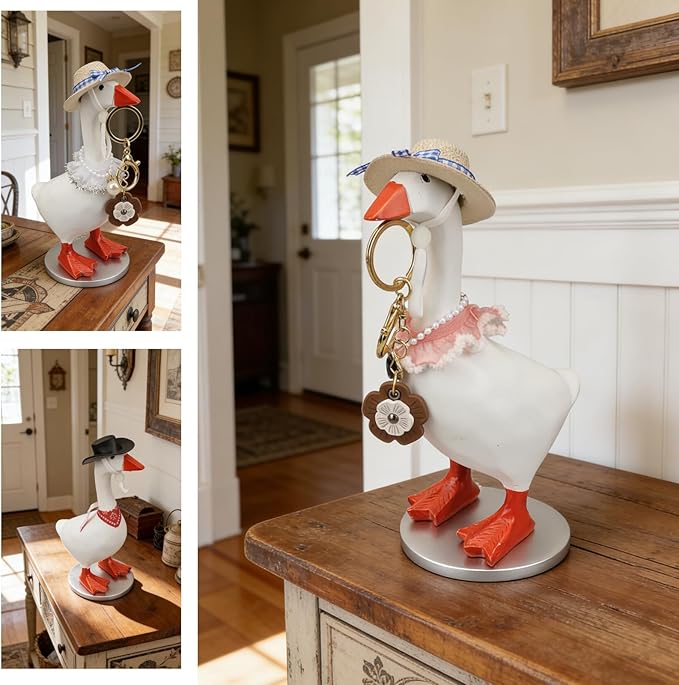 Desk Mini Goose Key Holder 7 inch with 4 set Outfits, Desktop Magnetic small Proch Goose Resin Statue, Cute Figurines Keychain Hanging, Table Decor for Home house Office Bedroom, Housewarming Gifts