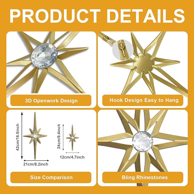 sxnzequnze 4 Pack Metal Star Wall Art 8 Pointed Starburst Wall Decor Set with 2 Large & 2 Small Pieces Mid Century Celestial Metal Wall Sculpture for Bedroom Living Room Office Gallery Wall