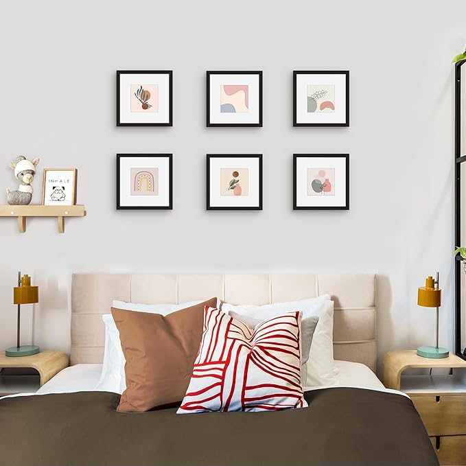 Picrit 8x8 Picture Frame Set of 12, Display 5x5 with Mat or 8 x 8 without Mat, Photo Frames for Wall Mounting or Table Top Display, Black