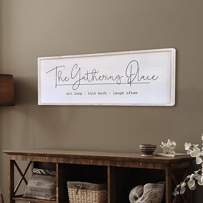 The Gathering Place Wall Decor Sign 40"x15" Large Family Dining Room Vintage Wooden Framed Country Farmhouse Simple And Rustic Hanging For Kitchen Home Wall Art Decoration (White)
