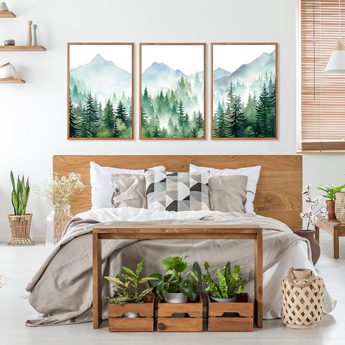 CHDITB Mountain Landscape Framed Canvas Wall Art(16"x24"), 3 Panels Boho Nature Forest Artwork Prints, Large Abstract Modern Green Pine Trees Art Decor for Bedroom Living Room Office