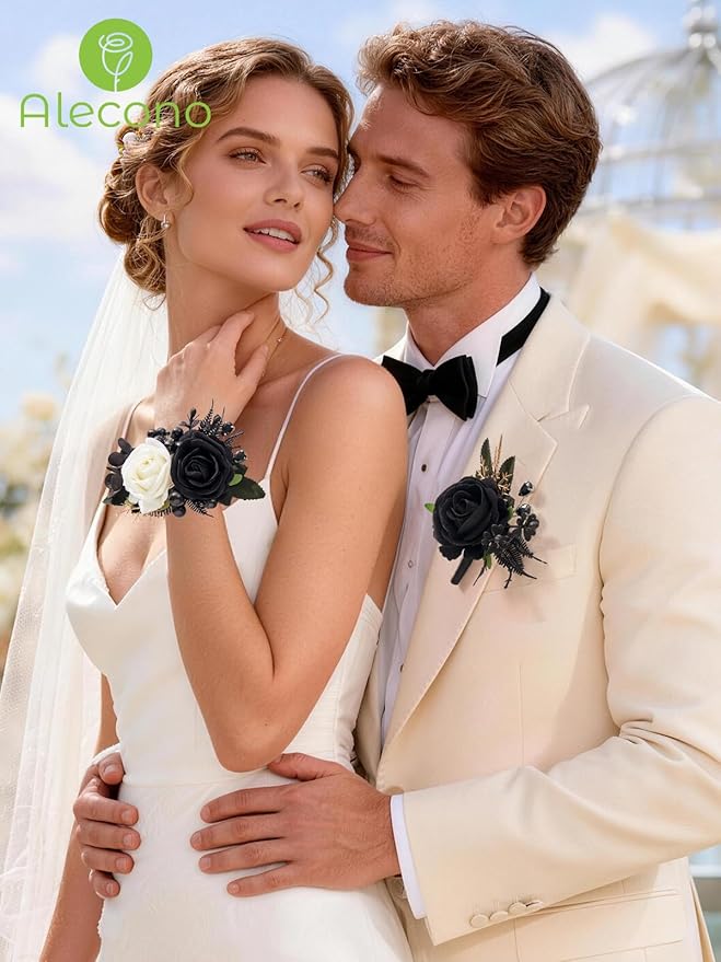 Alecono Black and White Corsage and Boutonniere Set, Corsages for Bride Bridesmaid Groom Bridegroom, Artificial Flowers for Prom Graduation Ceremony Anniversary