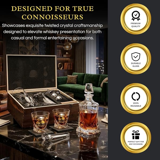 Ember Japanese Crystal Whisky Decanter Set in Wood Storage Box, 4 Tumbler Rocks Glasses & Freezer Chillers - Sake, Scotch, Vodka, Elegant Birthday & Birth Day Barware Gifts, Japan Designed Gifts