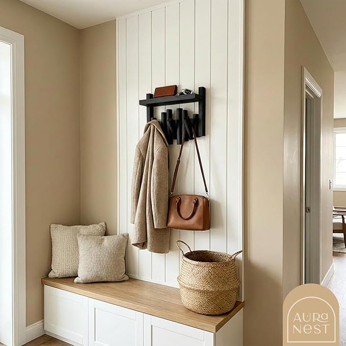 Bamboo Wall Mounted Coat Rack with Shelf Flip Down Wooden Hooks for Entryway Hallway Bedroom | Matte Black Piano Hanger, 3 Hooks, Space Saving Organizer