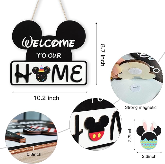 Cute Mouse Interchangeable Seasonal Welcome Door Sign for Front Door Decor, Interchangeable Welcome to Our Home Sign for Farmhouse Wall Porch Decor, Housewarming Gift