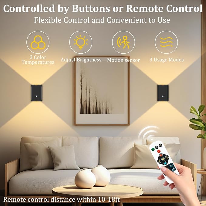 Eneru Rechargeable Motion Sensor Night Light: 5000mAh Black Battery Operated Wall Sconce with Remote Control, 3 Colors Wireless Stair Lights Indoor, Magnetic LED Night Lamp for Hallway Porch, 1 Pack