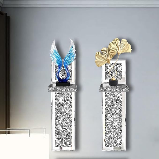 ZOLAPI Set of 2 Crystal Crush Diamond Candle Sconces, Gorgeous Silver Mirrored Wall Sconce, Candle Holder Glass Wall Decorations for Home Décor, Living Room, Dining Room.