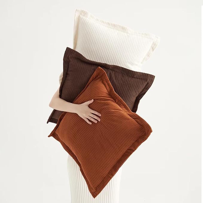 COCO TOP Set of 3 Vintage Big Pillow Covers 24x24inch, Super Soft Striped Corduroy Boho Large Cushion Cases, Ideal for Spacious Living Areas & Bedrooms & Farmhouse（Earthy Brown, Rust & Cream）
