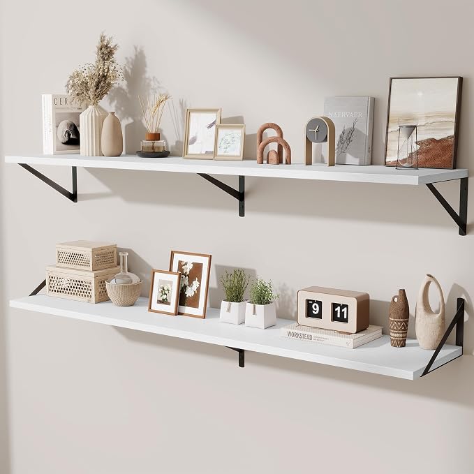 Acovy Deep Floating Shelves,55" Wx10 D Wood Wall Shelves Set of 2,Long Wood Floating Shelf with Metal Brackets,Floating Bookshelf for Living Room,Kitchen,Office,Bedroom,Decor Storage,White