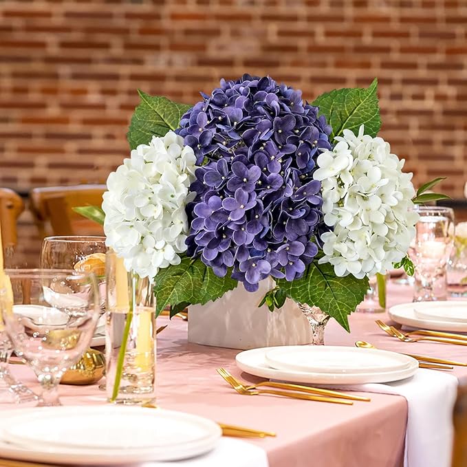 JINWOE Puple Hydrangea Artificial Flowers, 4Pcs 20" Lifelike Latex Silk Real Touch Faux Hydrangea Flowers, Artificial Hydrangeas Bouquet for Wedding Centerpieces Tables Party Home