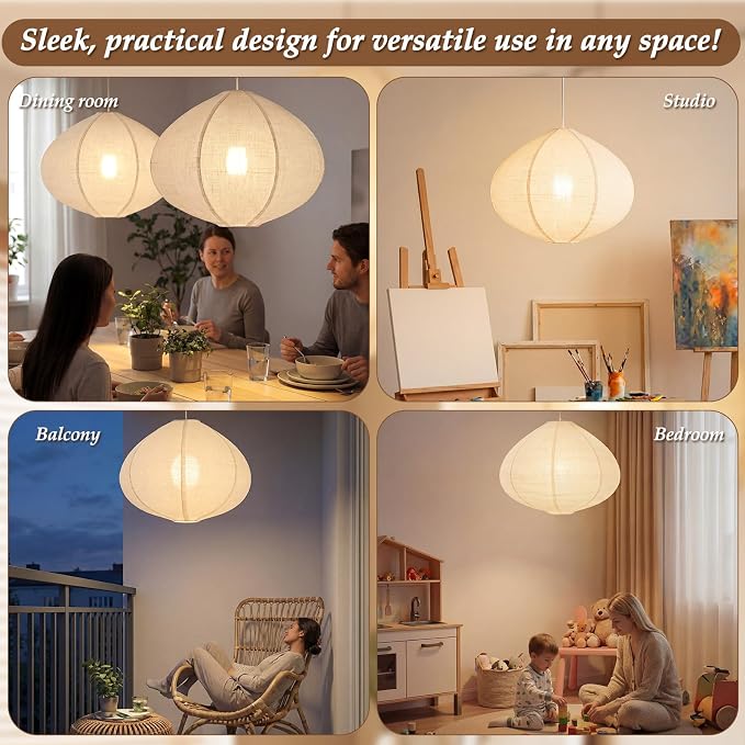 Nuanchu 2 Pack Linen Lantern Lamp Plug in Pendant Light 20 Inch Hanging Lamp Shade with 20 ft Cord Minimalist Light Covers Japanese Chandelier for Ceiling Dining Living Room Artistic Decor(Oval)