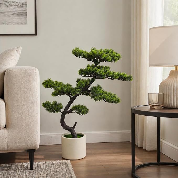 3FT Artificial Bonsai Pine Tree, Realistic Faux Pine Bonsai with Natural-Looking Trunk and Moss Pot, Maintenance-Free Indoor Artificial Tree for Living Room, Office, Entryway Decor