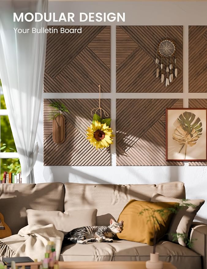 Fluxynara Large Felt Bulletin Board,Cork Board Alternative 70.87'' x 47.24'' Art Acoustical Wall Panels-6 Pack with 60 Adhesive Tabs,for Recording Studio/Home Offices-Walnut/Diamond Chevron
