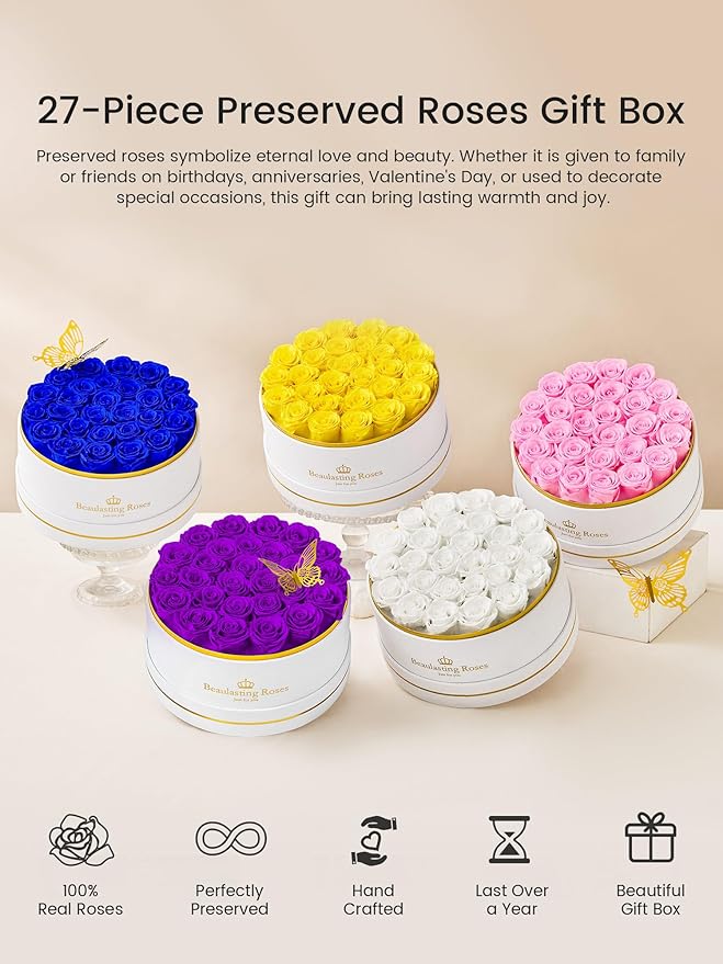 27 Preserved Roses Forever Flowers Real Roses in a Box Mother's Day Birthday Flowers for Her Mom Women Wife Valentine's Day, Purple Roses